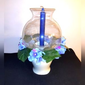 Hurricane lamp with candle and cobalt blue floral accent